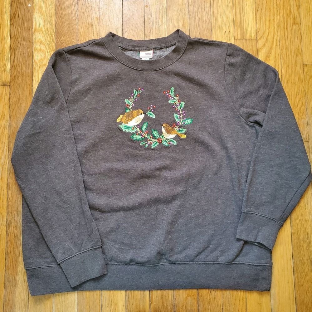 Crewneck sweatshirt Vintage Cottagecore grandma holiday birds on wreath sz xl - Picture 1 of 8